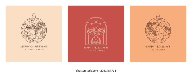 Los emblemas lineales de Navidad con chimenea decorada y baubles decorativos.Etiquetas vectoriales de Navidad y Año Nuevo con símbolos tradicionales de vacaciones de invierno.Conceptos de celebración navideña.