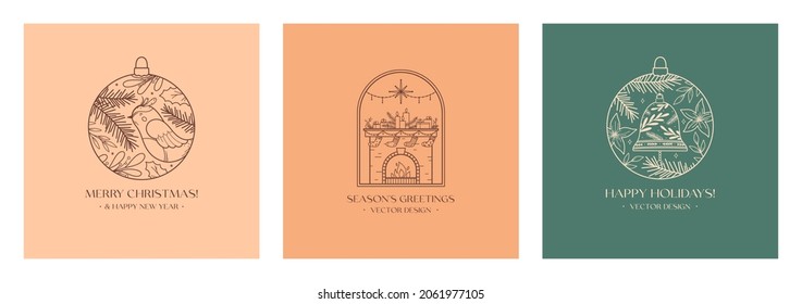 Xmas linear emblems with decorated fireplace and decorative baubles.Vector Christmas and New Year festive labels with traditional winter holiday symbols.Holiday celebration concepts.