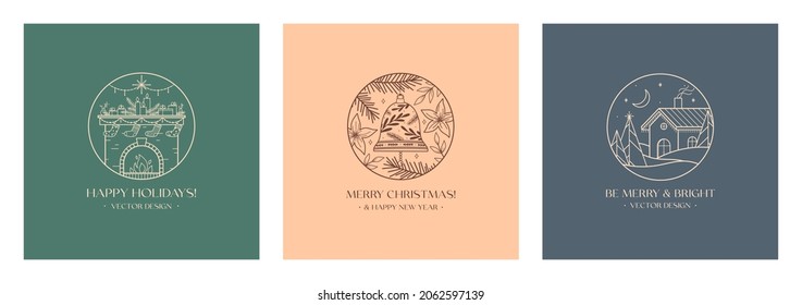 Xmas linear emblems with decorated fireplace,bell,winter forest landscape and house.Vector Christmas and New Year festive logos with traditional winter holiday symbols.Holiday celebration concept.