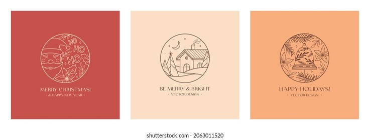 emblemas lineales de navidad con santa, campana, elementos florales, paisaje de bosque invernal y casa. Logo vectorial de Navidad y Año Nuevo con símbolos tradicionales de vacaciones de invierno. Concepto de celebración navideña.