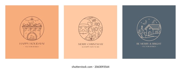 Xmas linear emblems with santa,decorated fireplace,winter forest landscape and house.Vector Christmas and New Year festive logos with traditional winter holiday symbols.Holiday celebration concept.