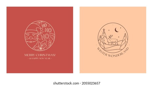 Xmas linear emblems with santa,floral elements,winter forest landscape and deer.Vector Christmas and New Year festive logos with traditional winter holiday symbols.Holiday celebration concept.