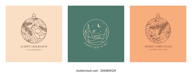 Xmas linear emblems with winter forest landscape,deer and decorative baubles.Vector Christmas and New Year festive labels with traditional winter holiday symbols.Holiday celebration concepts.