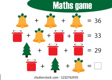 Xmas Maths game with pictures - christmas theme for children, middle level, education game for kids, preschool worksheet activity, task for the development of logical thinking, vector illustration