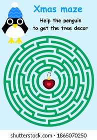 X-mas maze game with penguin stock vector illustration. Help penguin to get Christmas tree decor. Funny colorful cartoon children labyrinth game. Educational visual puzzle vertical printable page