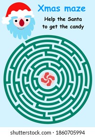 Xmas maze game with Santa Claus stock vector illustration. Help the Santa to get the candy. Colorful childish printable worksheet with educational maze game. Big labyrinth with Santa and caramel candy