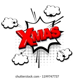 Xmas Merry Christmas comic text collection sound effects pop art style. Set vector speech bubble with word and short phrase cartoon expression illustration. Comics book red colored background template