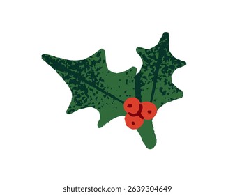 Xmas mistletoe, red holly berries. Symbol of Christmas, icon of green branch for new Year and winter holidays. Traditional Christmastime twig. Flat isolated vector illustration on white background