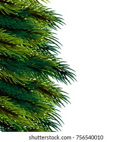 Xmas mock up conifer vector illustration. Isolated fir banner background. Happy new Year poster frame decoration Festive greeting border. Realistic Merry Christmas fairy tale branch pine tree template