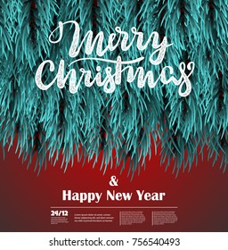 Xmas mock up conifer vector illustration. Christmas blue fluffy fir banner background. Happy new Year poster frame decoration. Festive border. Realistic fairy tale Christmas branch pine tree template.