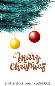Xmas mock up conifer vector illustration. Christmas ball blue fluffy fir banner background. Happy new Year poster frame fairy tale. Festive border. Realistic Merry Christmas branch pine tree template.
