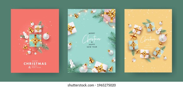 Xmas modern design with 3d realistic golden gift boxes, pine branches, golden conical Christmas trees, balls and falling snow. Christmas Set of greeting cards, posters, holiday covers, web banners