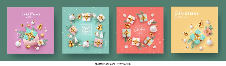 Xmas modern design with 3d realistic golden gift boxes, pine branches, golden conical Christmas trees, balls and falling snow. Christmas Set of greeting cards, posters, holiday covers, web banners