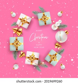 Xmas modern design with 3d realistic golden gift boxes, pine branches, golden conical Christmas trees, balls and falling snow. Christmas greeting card, poster, holiday cover, web social media banner