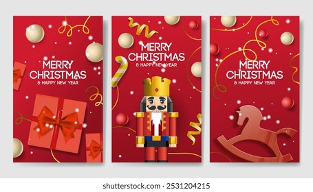 Xmas modern design with Christmas Nutcracker, gift box, rocking horse, and balls in red gold colors. Luxury Christmas cards, posters, holiday covers, banners, ads, vector illustration