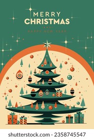 Xmas modern design with Christmas tree, ball, star decoration and gifts boxes. Christmas card, poster, holiday cover or banner, vector illustration