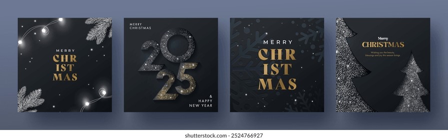 Xmas design moderno com árvore de Natal, flocos de neve, ramos de pinho, luzes e número 2025 em cores de ouro prata no fundo preto da noite. Cartões de Natal de luxo, cartazes, capas de férias, banners, anúncios