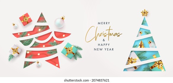 Xmas diseño moderno con papel cortado árbol de Navidad, bola, estrellas y regalos realistas 3d, ramas de pino y luces sobre fondo blanco. Tarjeta navideña, volante, afiche, portada de vacaciones, venta o promoción