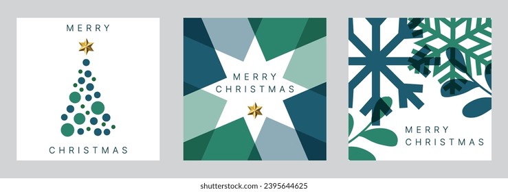 Xmas modern design set with Christmas tree, golden star on white background. Christmas cards, posters, holiday covers or banners