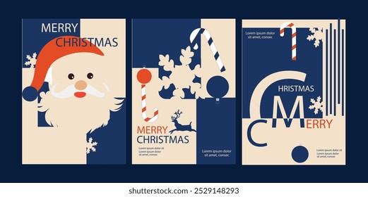 Xmas modern design set in cute style with Christmas tree, ball, star  and Santa clause , snowflakes  and candy canes  .Christmas cards, posters, holiday covers or banners