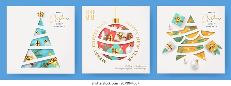 Xmas modern design set in paper cut style with Christmas tree, ball, star golden blue and white gifts, pine branches and lights on white background. Christmas cards, posters, holiday covers or banners