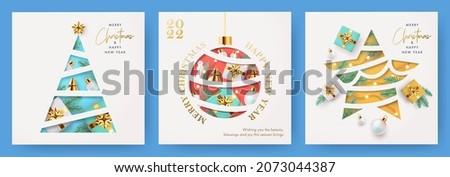Xmas modern design set in paper cut style with Christmas tree, ball, star golden blue and white gifts, pine branches and lights on white background. Christmas cards, posters, holiday covers or banners