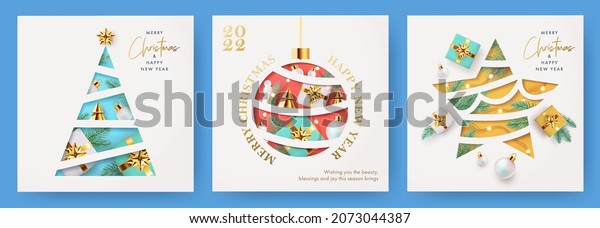 Xmas modern design set in paper cut style with\
Christmas tree, ball, star golden blue and white gifts, pine\
branches and lights on white background. Christmas cards, posters,\
holiday covers or banners