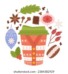 Xmas Mug Decor, Festive Christmas Coffee Cup Adorned With A Cozy Holiday Sweater Design. Sip Your Favorite Brew In Style, And Let The Warmth Of The Season Embrace You. Cartoon Vector Illustration
