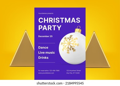 Xmas music disco event celebration advertising flyer template realistic 3d icon vector illustration. Violet premium Christmas party announcement promo poster white decorative ball toy bauble design