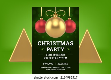 Xmas music event disco nightclub winter holiday celebration announce promo flyer design template realistic 3d icon vector illustration. Christmas party poster hanged premium ball toy bauble