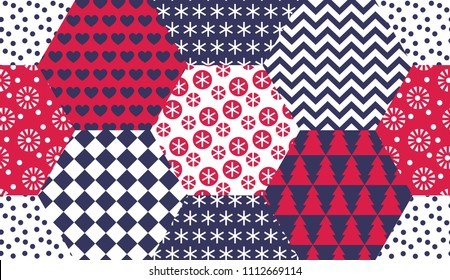 Xmas naive winter symbols seamless pattern in patchwork style. for background, wrapping paper, fabric, surface design. Endless simple Christmas repeatable motif for surface design
