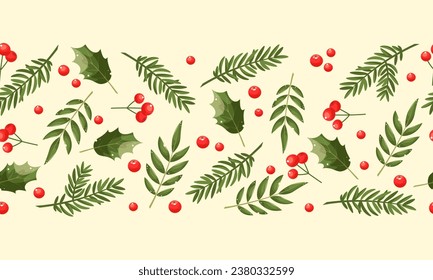 Xmas nature design seamless border, frame. Green pine, fir twigs, red berries on light background. Vector illustration. Greeting banner template, headers, posters. New Year's symbols.