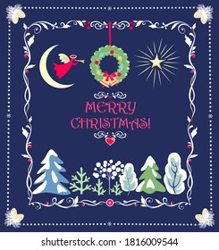 Xmas navy blue greeting craft card with snowy tree, conifer, crescent, red angel, Christmas star, hanging wreath and golden cone. 