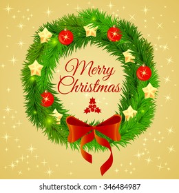 Xmas needles wreath bow with shining stars balls.Christmas shining balls,sparkling stars on festive needles wreath bow on stars dots background,Merry Christmas wish postcard w Xmas shining decorations