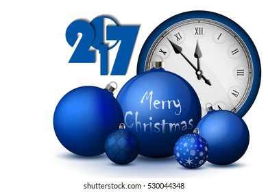 Xmas and New Year 2017 concept. Blue christmas balls with silver holders and vintage watch. Set of isolated realistic objects isolated. Vector illustrations
