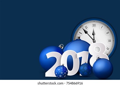 Xmas and New Year 2018 concept. Blue christmas balls with silver holders and vintage watch. Set of isolated realistic objects. Vector illustration