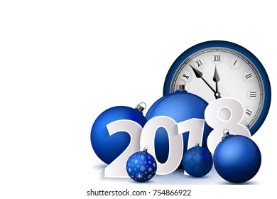 Xmas and New Year 2018 concept. Blue christmas balls with silver holders and vintage watch. Set of isolated realistic objects. Vector illustration