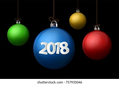 Xmas and New Year 2018 concept. Realistic colored christmas balls with silver holder isolated. Vector illustration