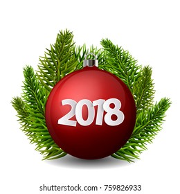 Xmas and New Year 2018 concept. Realistic turquoise christmas ball with silver holder and christmas tree branches isolated. Vector illustration