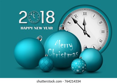 Xmas and New Year 2018 concept. Turquoise christmas balls with silver holders and vintage watch. Set of isolated realistic objects isolated. Vector illustrations