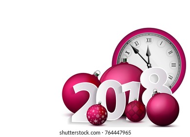 Xmas and New Year 2018 concept. Pink christmas balls with silver holders and vintage watch. Set of isolated realistic objects. Vector illustration