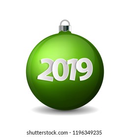 Xmas and New Year 2019 concept. Realistic green christmas ball with silver holder isolated. Vector illustration