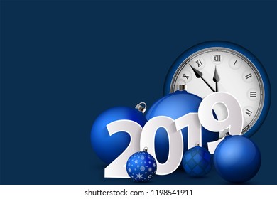 Xmas and New Year 2019 concept. Blue christmas balls with silver holders and vintage watch. Set of isolated realistic objects. Vector illustration
