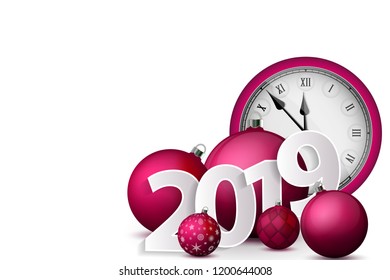 Xmas and New Year 2019 concept. Pink christmas balls with silver holders and vintage watch. Set of isolated realistic objects. Vector illustration