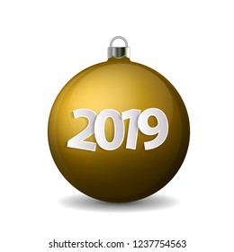 Xmas and New Year 2019 concept. Realistic golden christmas ball with silver holder isolated. Vector illustration