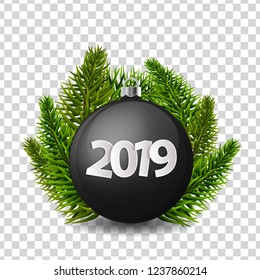 Xmas and New Year 2019 concept. Realistic black christmas ball with silver holder and christmas tree branches isolated. Vector illustration