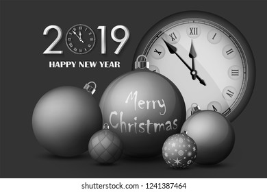Xmas and New Year 2019 concept. Grey christmas balls with silver holders and vintage watch. Set of realistic objects isolated. Vector illustrations
