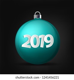Xmas and New Year 2019 concept. Realistic cyan christmas ball with silver holder isolated. Vector illustration