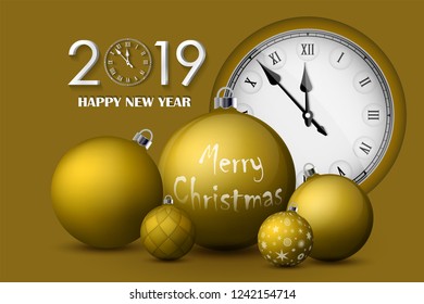 Xmas and New Year 2019 concept. Golden christmas balls with silver holders and vintage watch. Set of realistic objects isolated. Vector illustrations