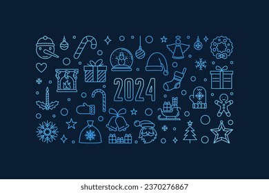 Xmas and New Year 2024 outline horizontal blue banner - vector Christmas Holidays illustration or poster with dark background 
